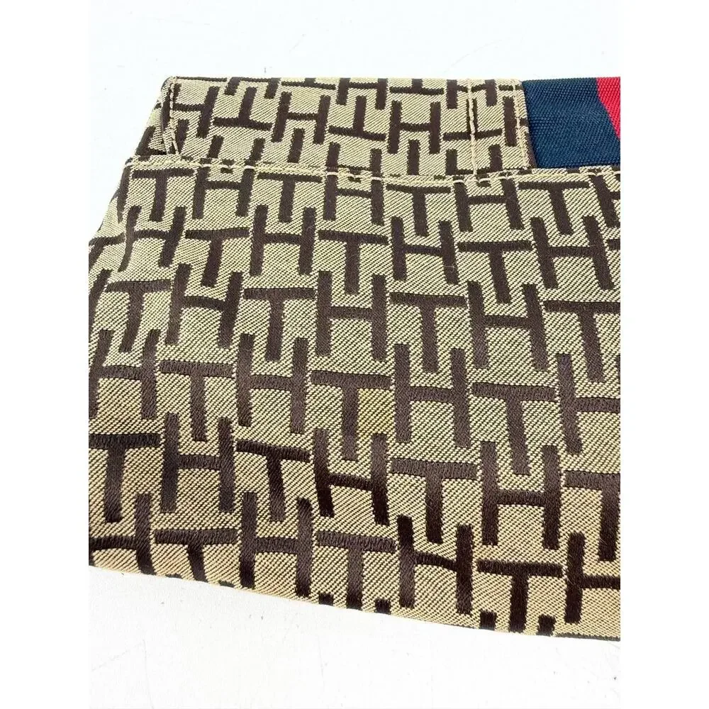 Tommy Hilfiger Monogram Wristlet Clutch Wallet Brown Canvas Red Blue Stripe